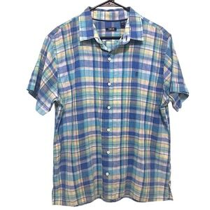 Izod Madras Plaid Button Down Shirt Tropical Short Sleeve Linen Blend Mens L